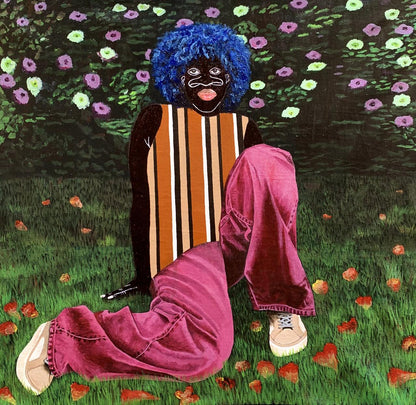 Vibrant acrylic painting of blue afro figure among petals and grass by Akintomide Akinshola
