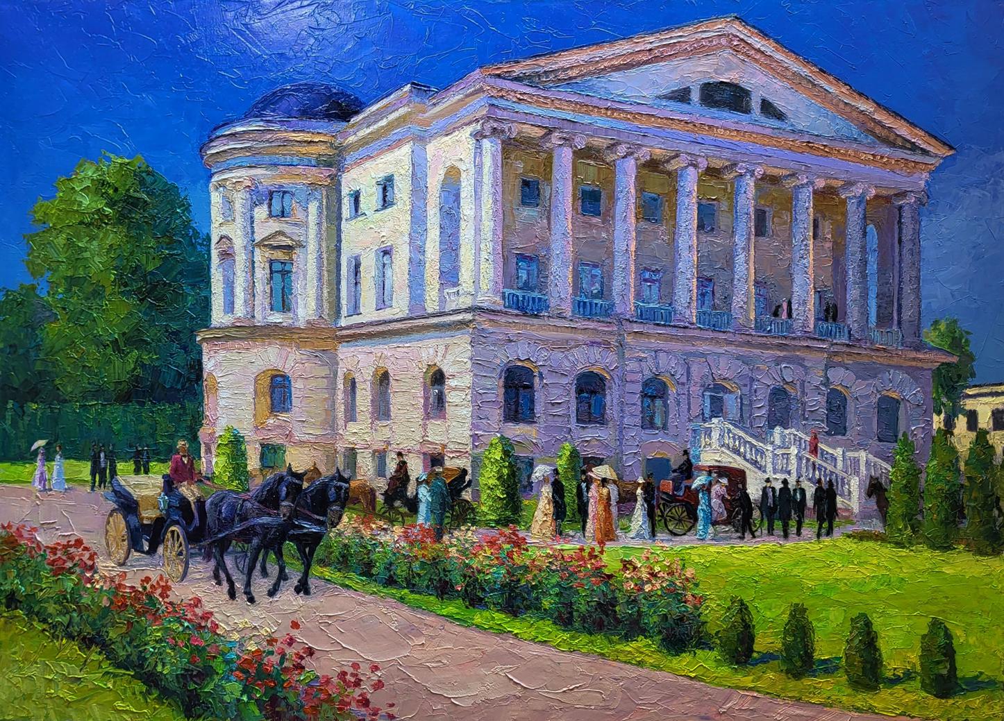 Oil painting of grand white stone mansion by Boris Serdyuk