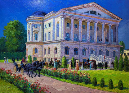 Oil painting of grand white stone mansion by Boris Serdyuk