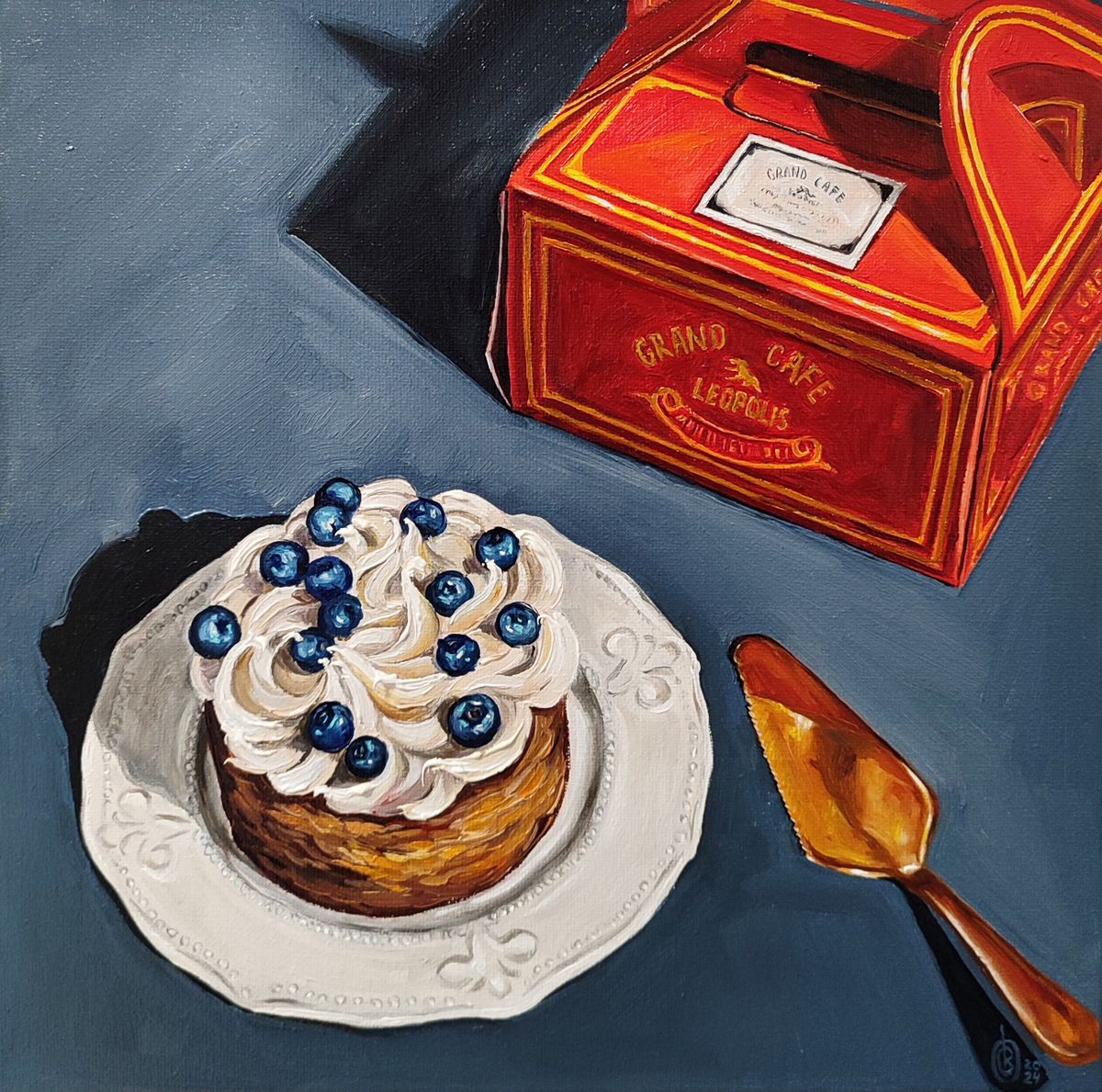 Oil painting of golden-brown pastry with cream and blueberries by Oksana Sklym