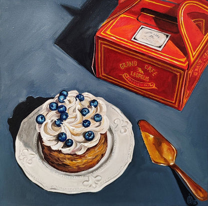 Oil painting of golden-brown pastry with cream and blueberries by Oksana Sklym