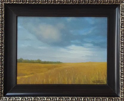 Oil painting of clouds over golden wheat field by Vasily Korkishko in ornate frame