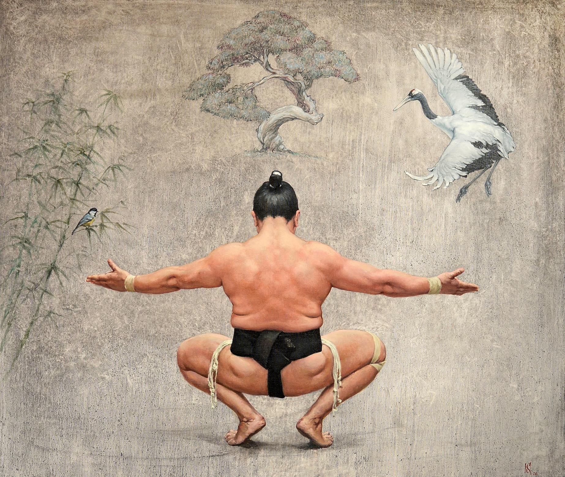 Kneeling sumo wrestler in black mawashi, Oleg Kateryniuk oil painting