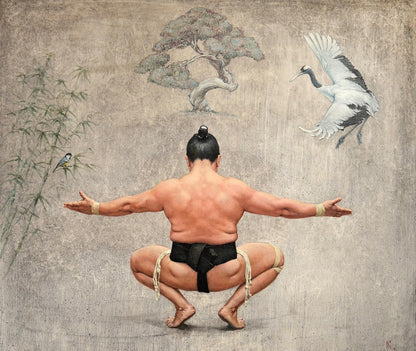 Kneeling sumo wrestler in black mawashi, Oleg Kateryniuk oil painting