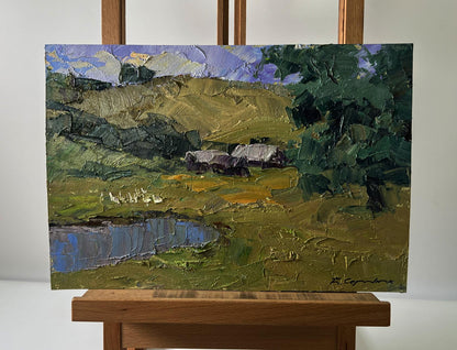 Oil painting by Boris Serdyuk of mountainous rural hills, trees, pond