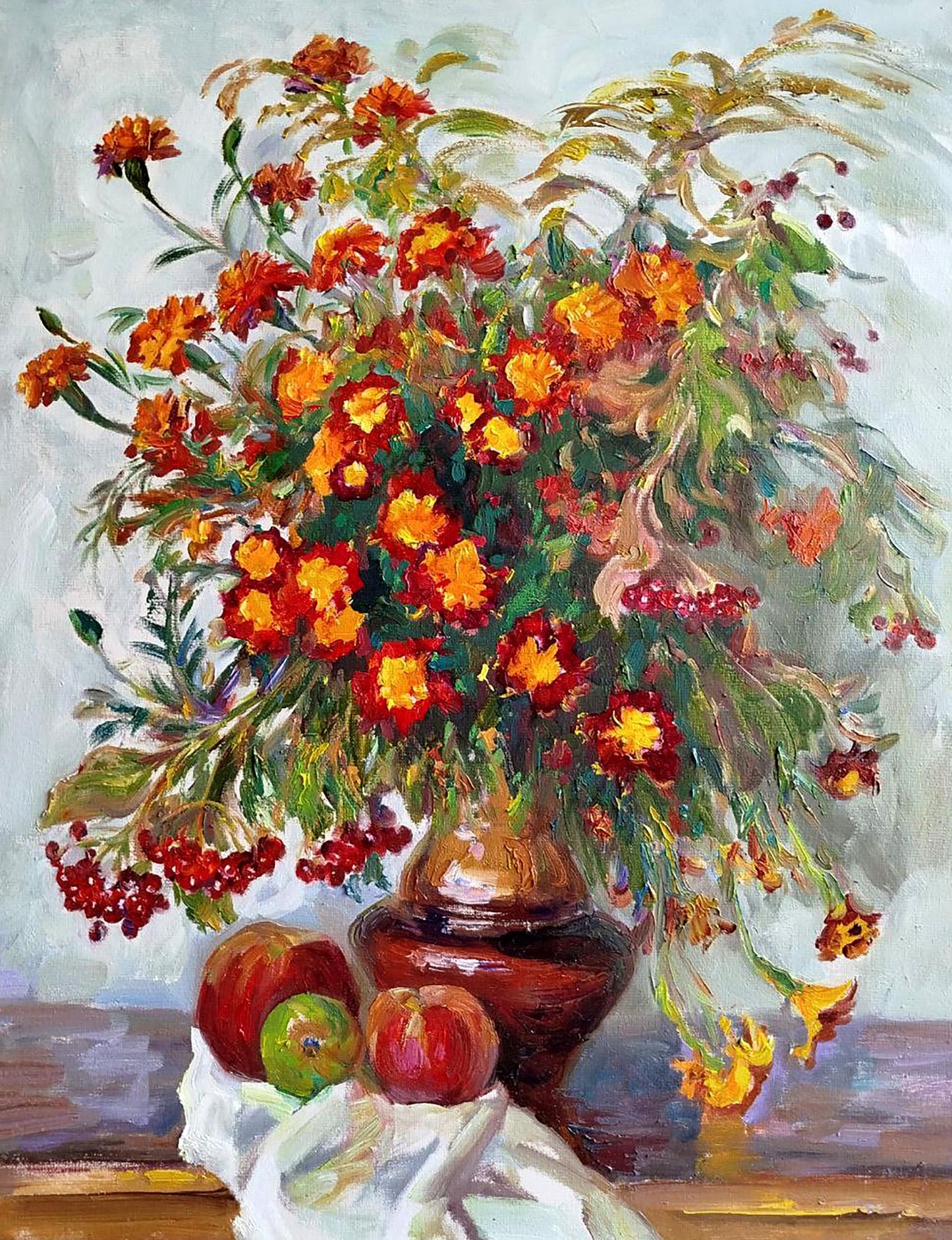Oil painting of vibrant orange red marigolds in brown vase by Leonid Pavlenko