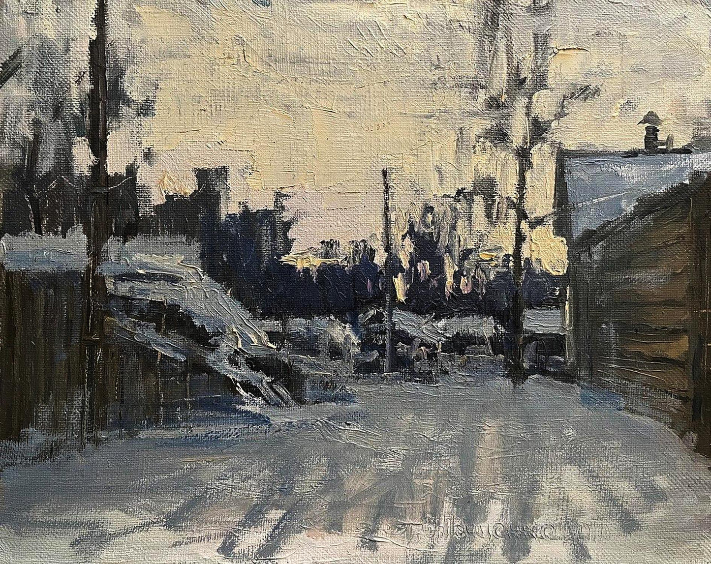 Oil painting Gentle Snow by Volodymyr Pashchenko snowy alleyway