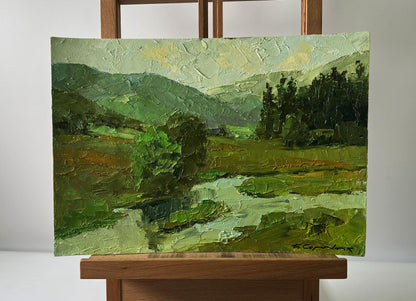 Oil painting of mountain nature by Boris Serdyuk, textured greens and earth tones