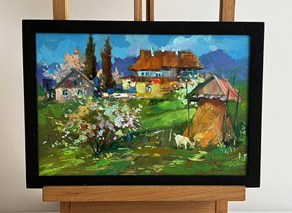 Oil painting of village garden with goat by Yuriy Suprunchuk