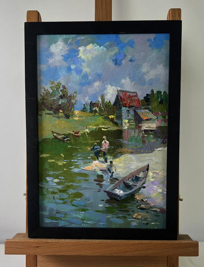 Framed impressionist oil painting by Yuriy Suprunchuk: fishermen resting near riverside shore