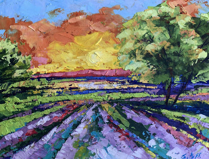 Vibrant impressionist oil painting of lavender field at sunset by V. Zadorozhnya
