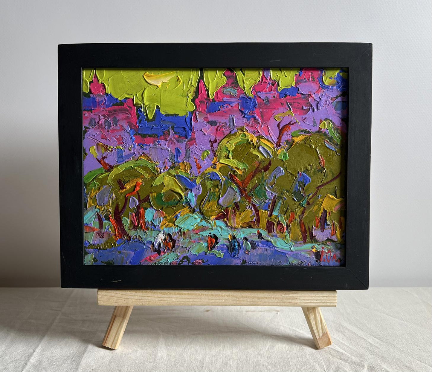 Oil painting Twilight of city life by Oleksiy Ivanyuk in black frame