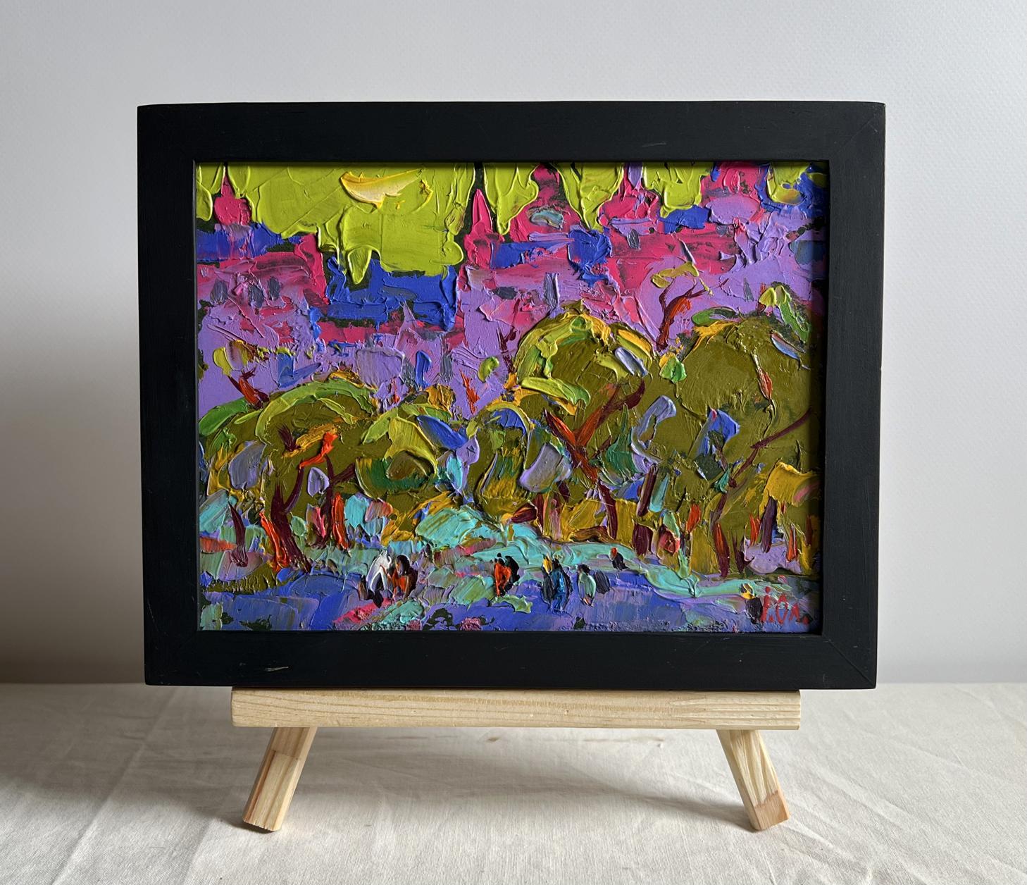 Oil painting Twilight of city life by Oleksiy Ivanyuk in black frame