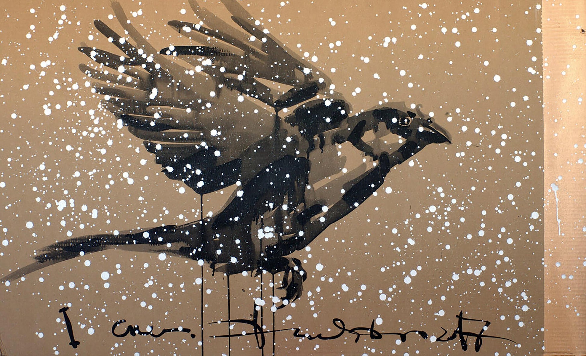 Black spray-painted bird acrylic painting First snow by Dima Filatov