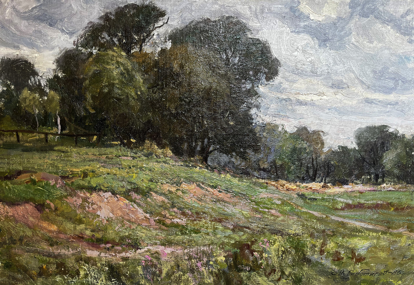 Oil painting of lush green field by Nikolay Rabotyagov, summer day