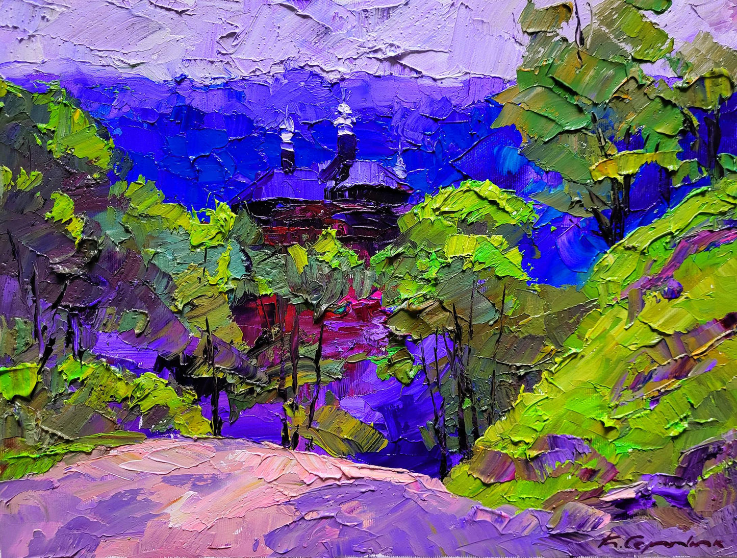 Vibrant impressionistic oil painting by Boris Serdyuk: church in lush trees under purple sky
