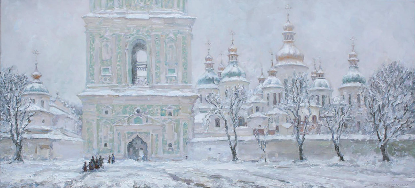 Oil painting of snow-covered cathedral with ornate green and gold domes by Leonid Pavlenko