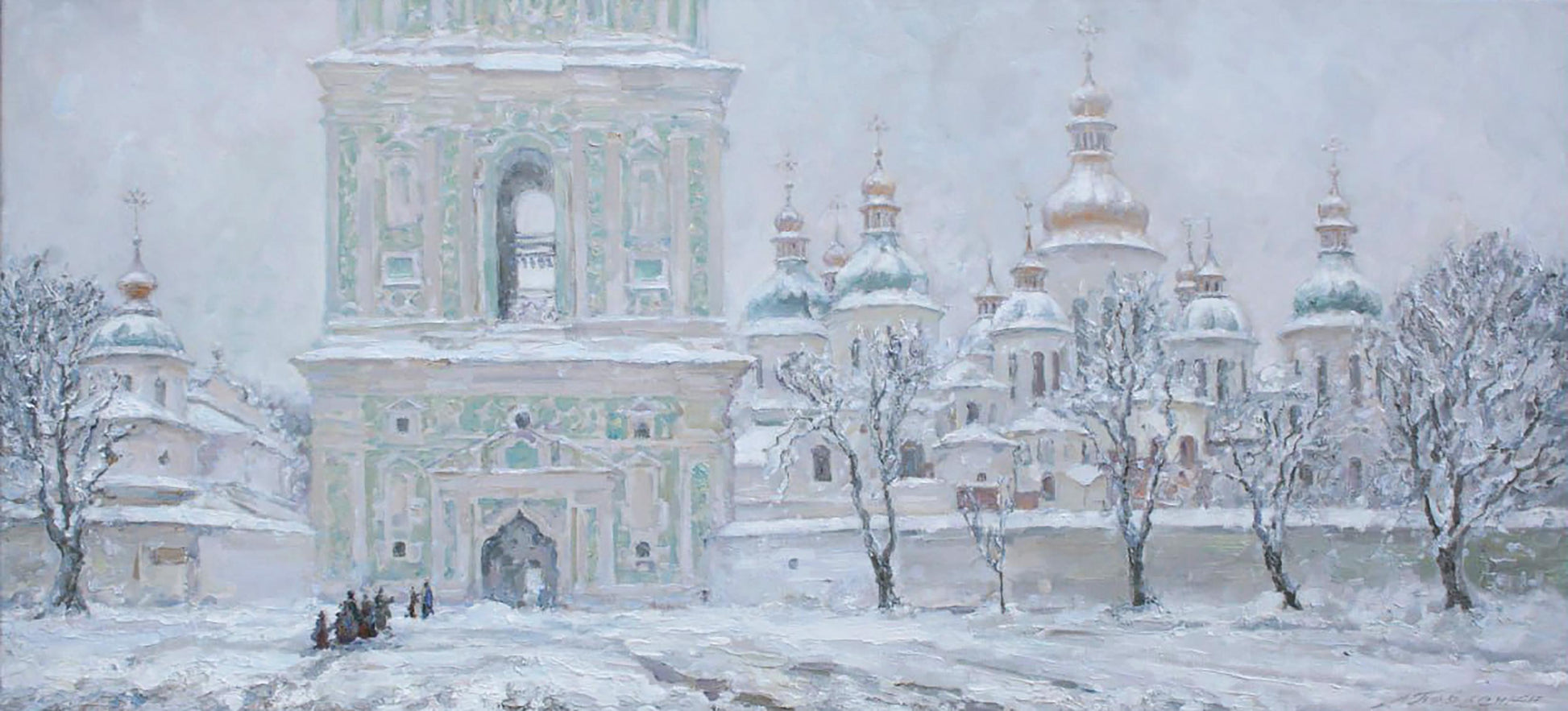 Oil painting of snow-covered cathedral with ornate green and gold domes by Leonid Pavlenko