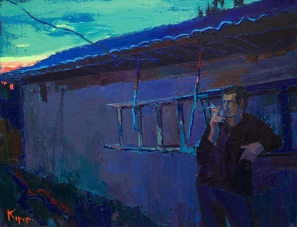 Oil painting Evening at home by Natalia Korf-Ivaniuk: man in dark jacket with cigarette at twilight