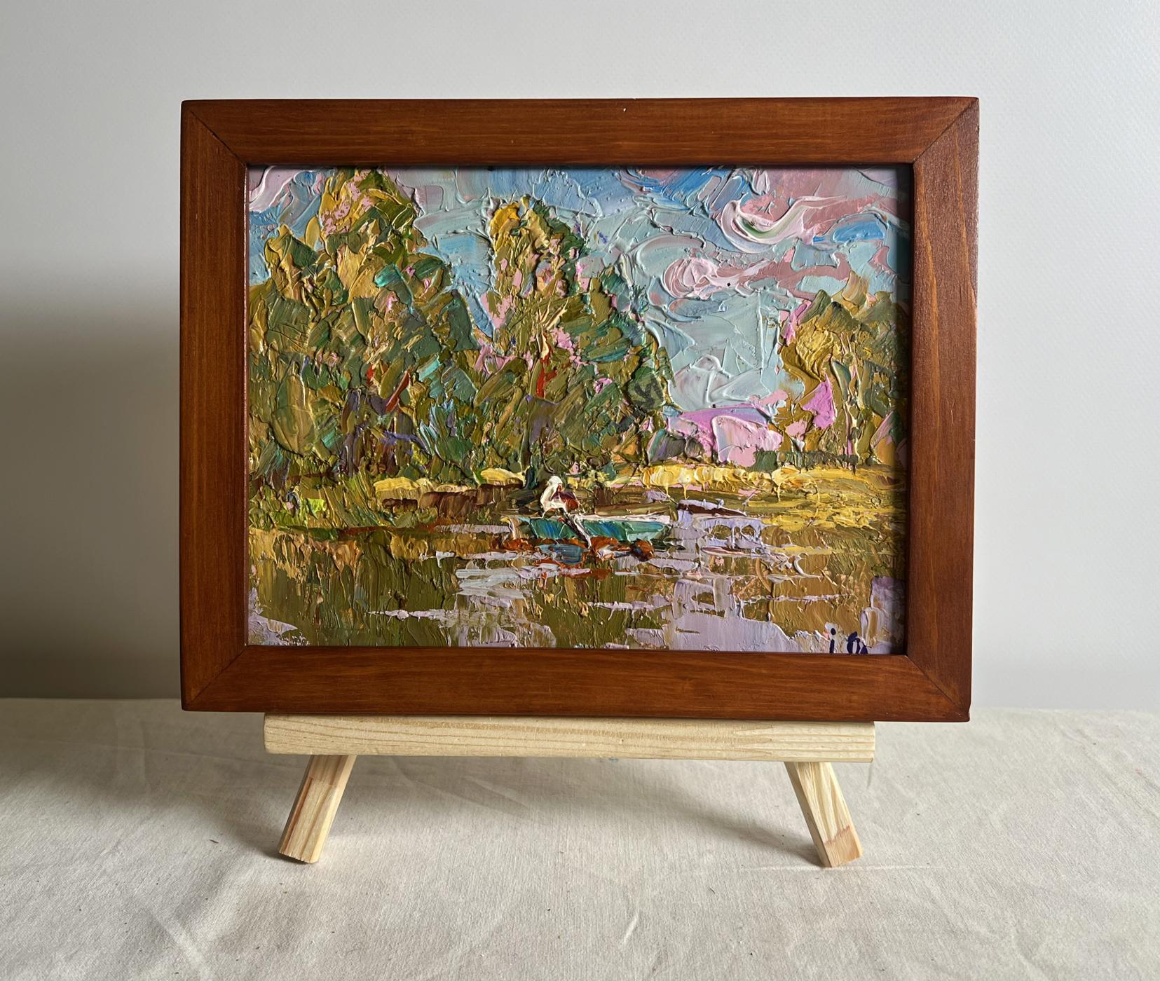 Oil painting Relaxation on a summer river by Oleksiy Ivanyuk in wooden frame