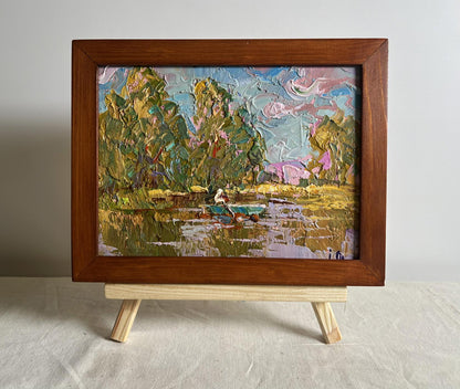 Oil painting Relaxation on a summer river by Oleksiy Ivanyuk in wooden frame