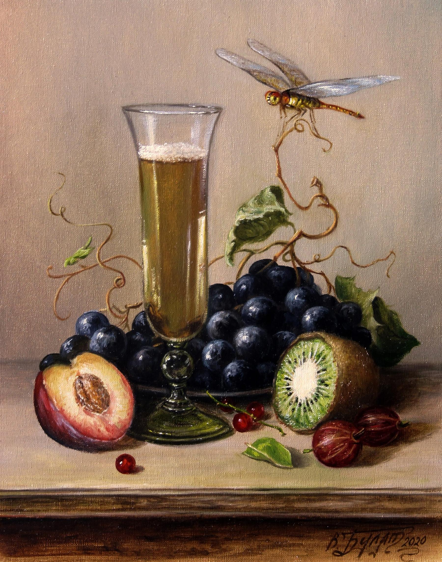 Oil painting of golden beer in tall glass by Valeriy Bulat