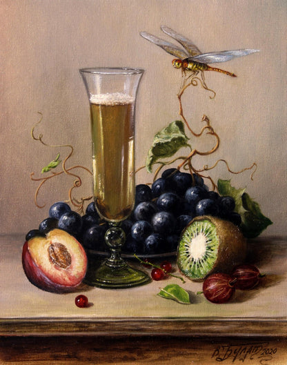 Oil painting of golden beer in tall glass by Valeriy Bulat