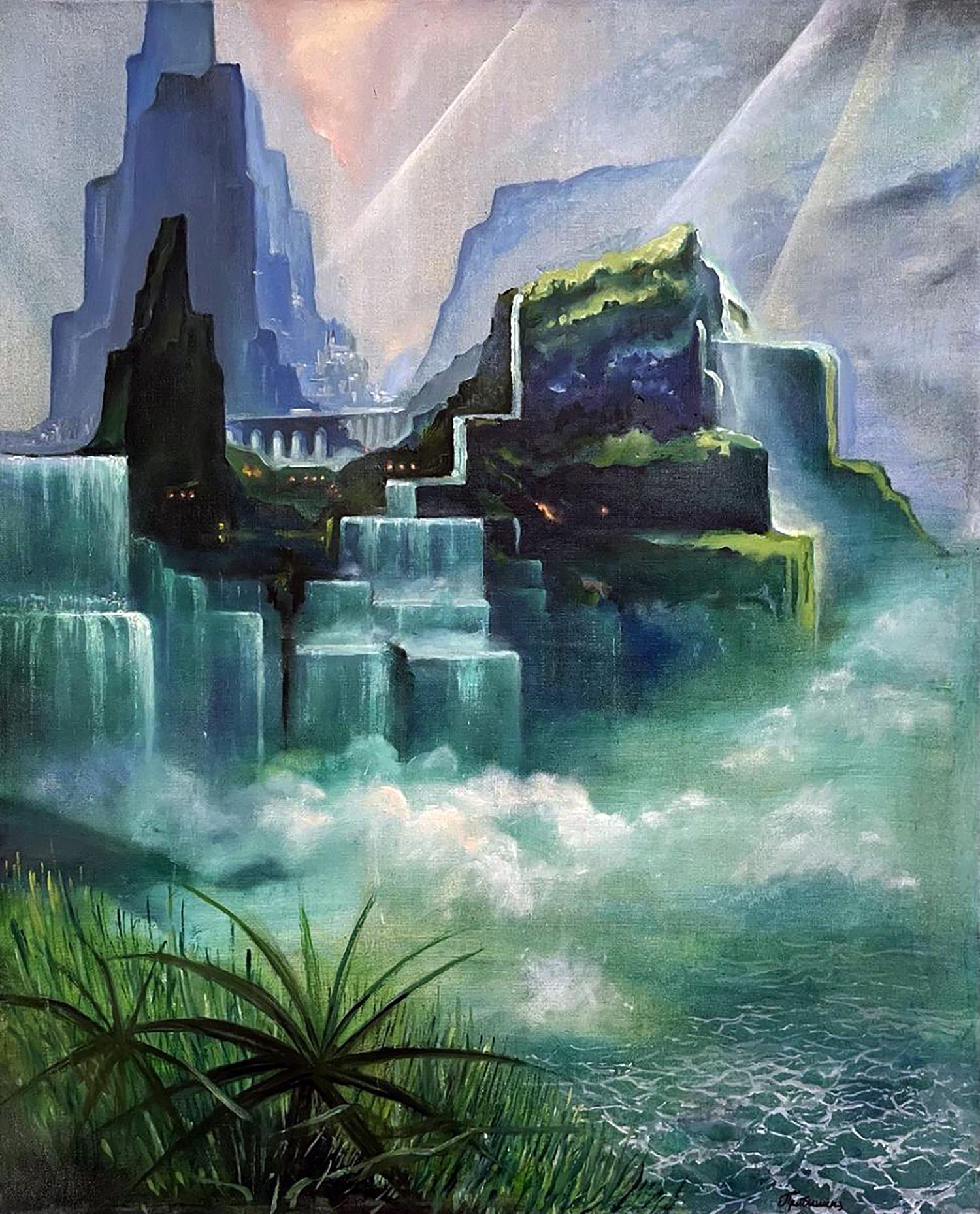Oil painting Valley of waterfalls by Serhii Prybyshenya surreal turquoise cascade
