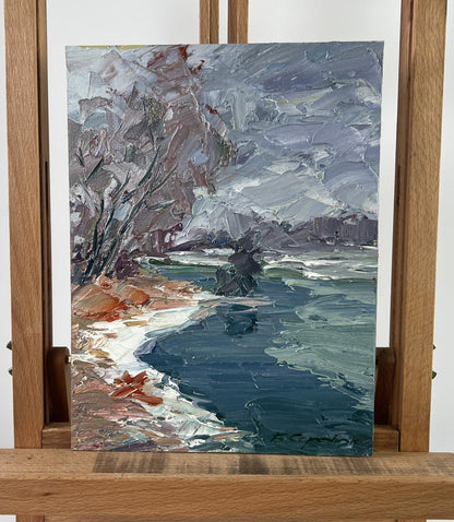 Textured impasto oil painting of winter river and snowy trees by Boris Serdyuk
