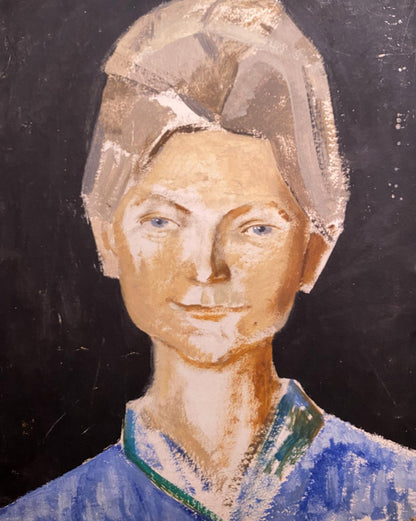 Textured earth-toned oil painting of Moms portrait by Leonid Stil, blue-eyed woman with head covering