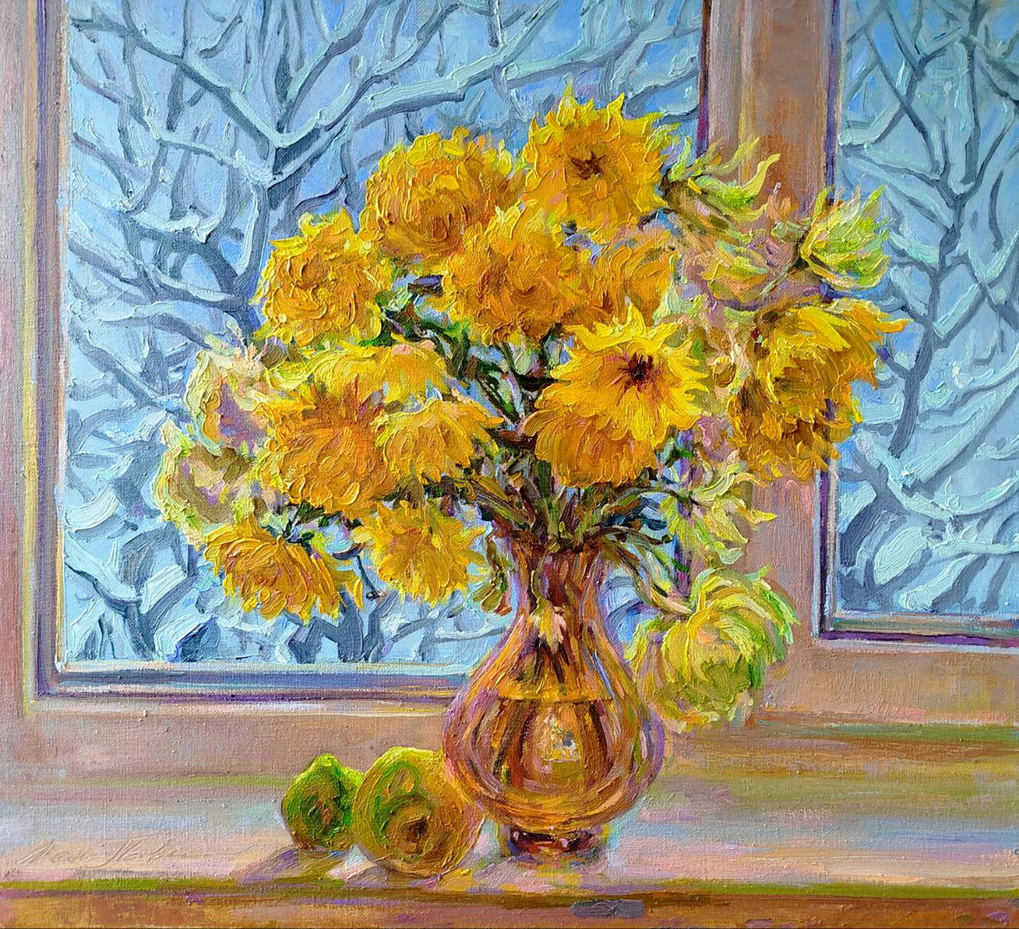Oil painting of yellow chrysanthemums by Leonid Pavlenko in amber vase