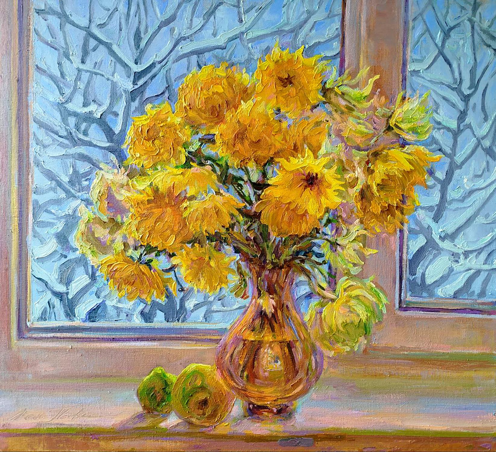 Oil painting of yellow chrysanthemums by Leonid Pavlenko in amber vase