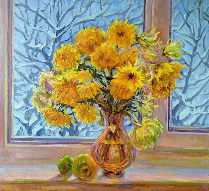 Oil painting of yellow chrysanthemums by Leonid Pavlenko in amber vase