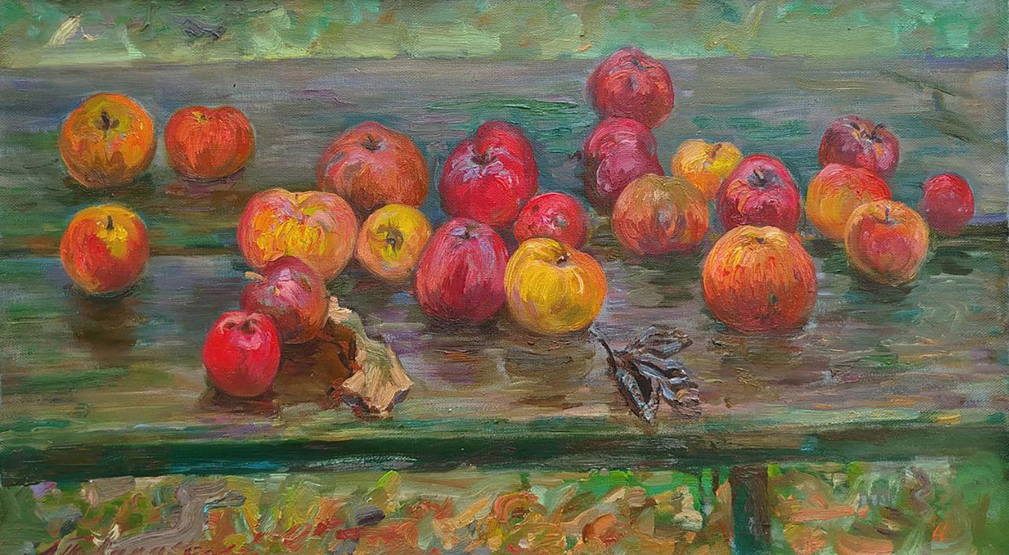Oil painting of vibrant red yellow orange apples after rain by Leonid Pavlenko