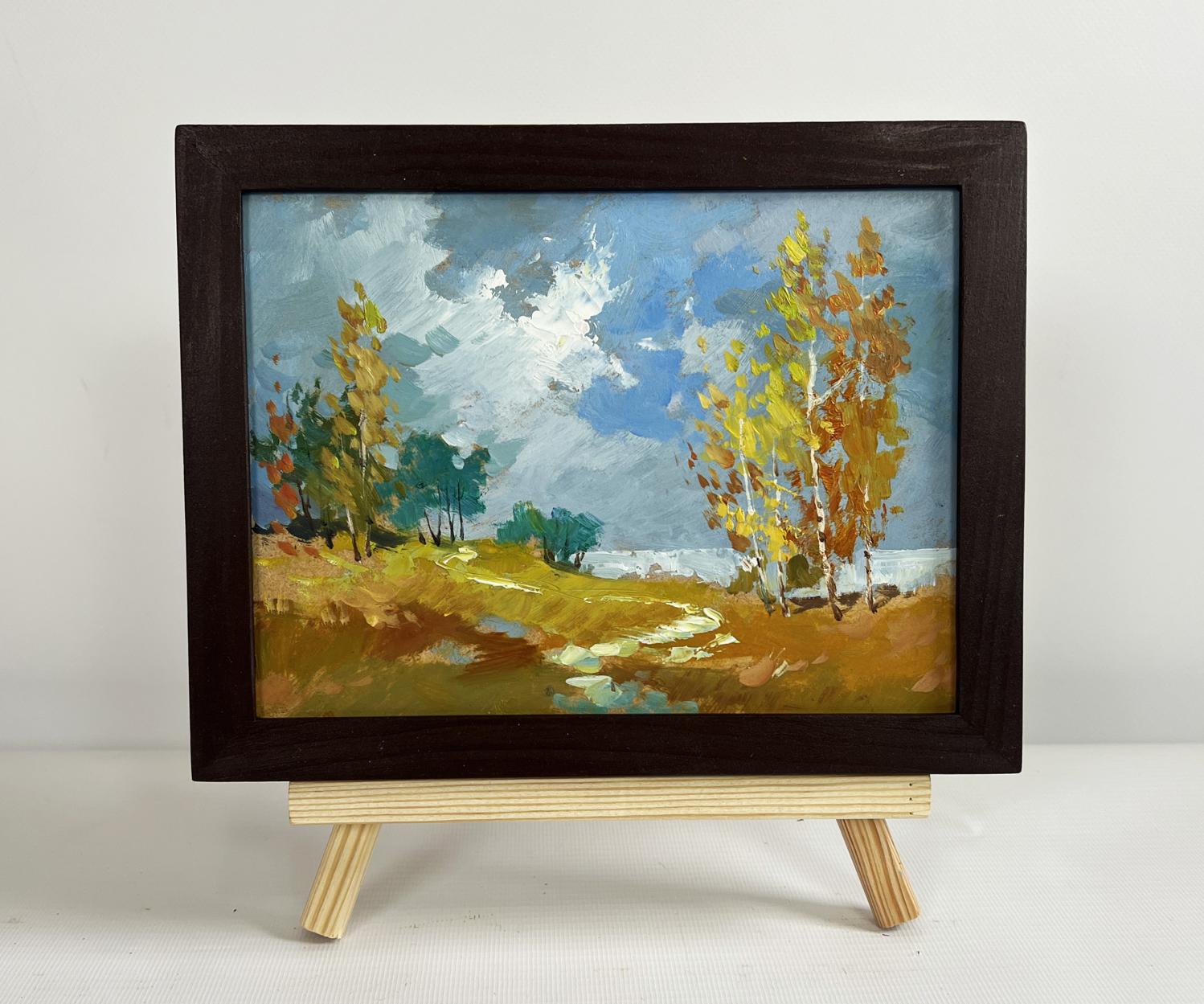 Oil painting Autumn trail with fallen leaves by Yuriy Suprunchuk in dark frame