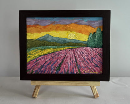 Vibrant oil painting of lavender field sunset by V. Zadorozhnya in black frame