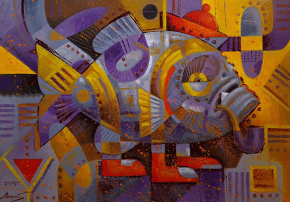 Vibrant Oil Painting Fish Promenade by Sergiy Voichenko, geometric yellow purple fish