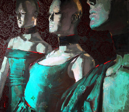 Stylized oil painting Pathos by Ed Potapenkov, teal black figures on dark floral background