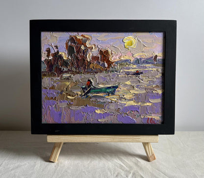 Oil painting The river rose in the village by Oleksiy Ivanyuk, serene coastal scene