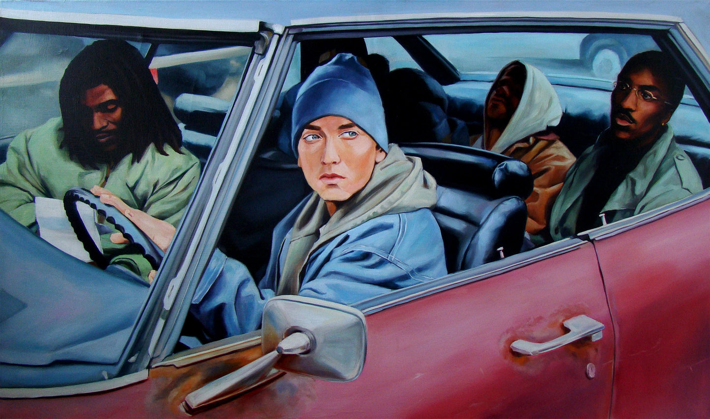 Oil painting of Eminem and friends in red convertible by Yulia Lihina