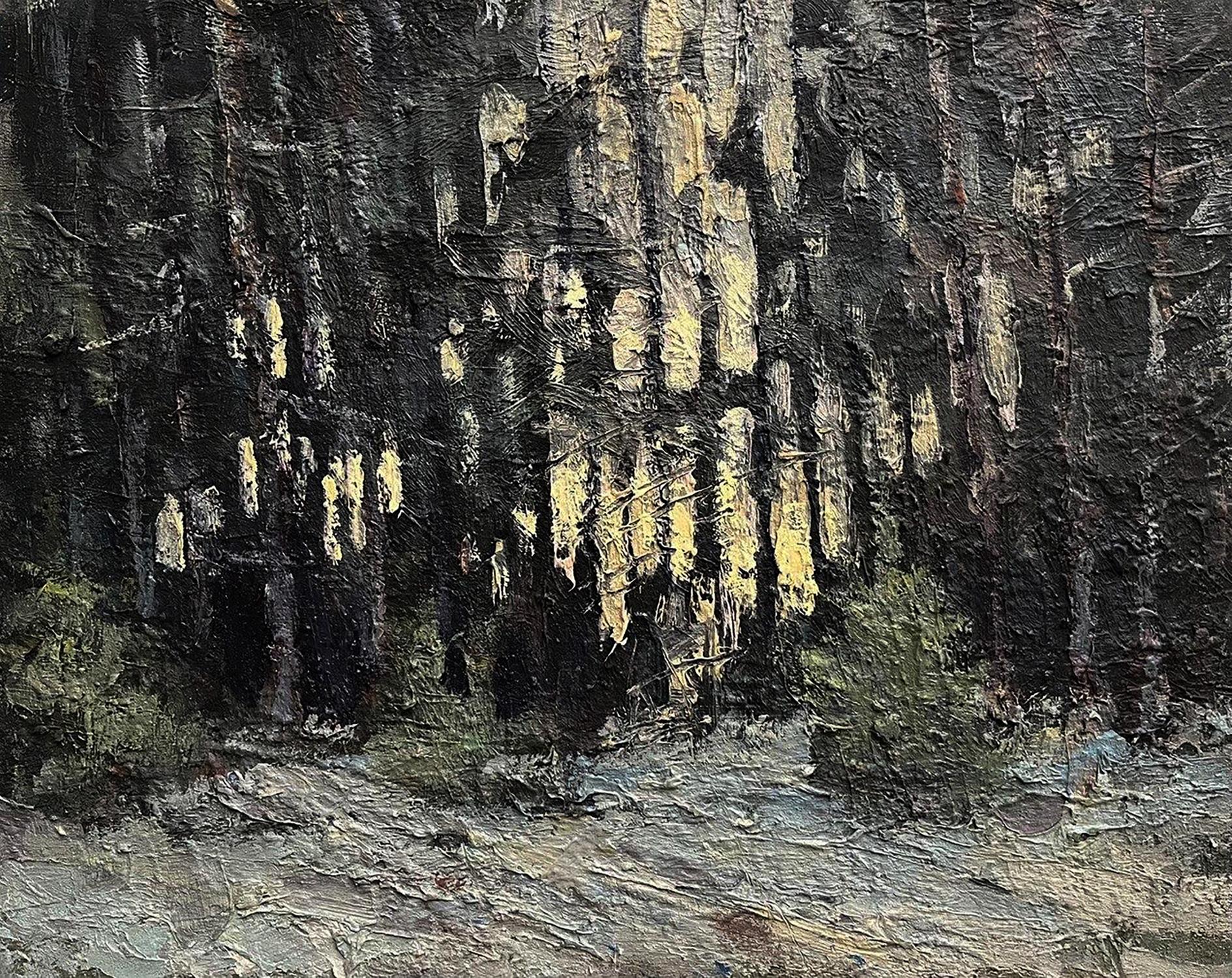 Oil painting Early Snow by Volodymyr Pashchenko: dark forest in impasto