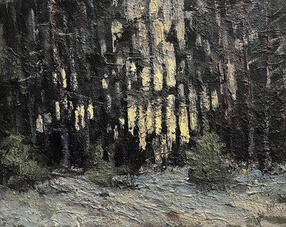 Oil painting Early Snow by Volodymyr Pashchenko: dark forest in impasto