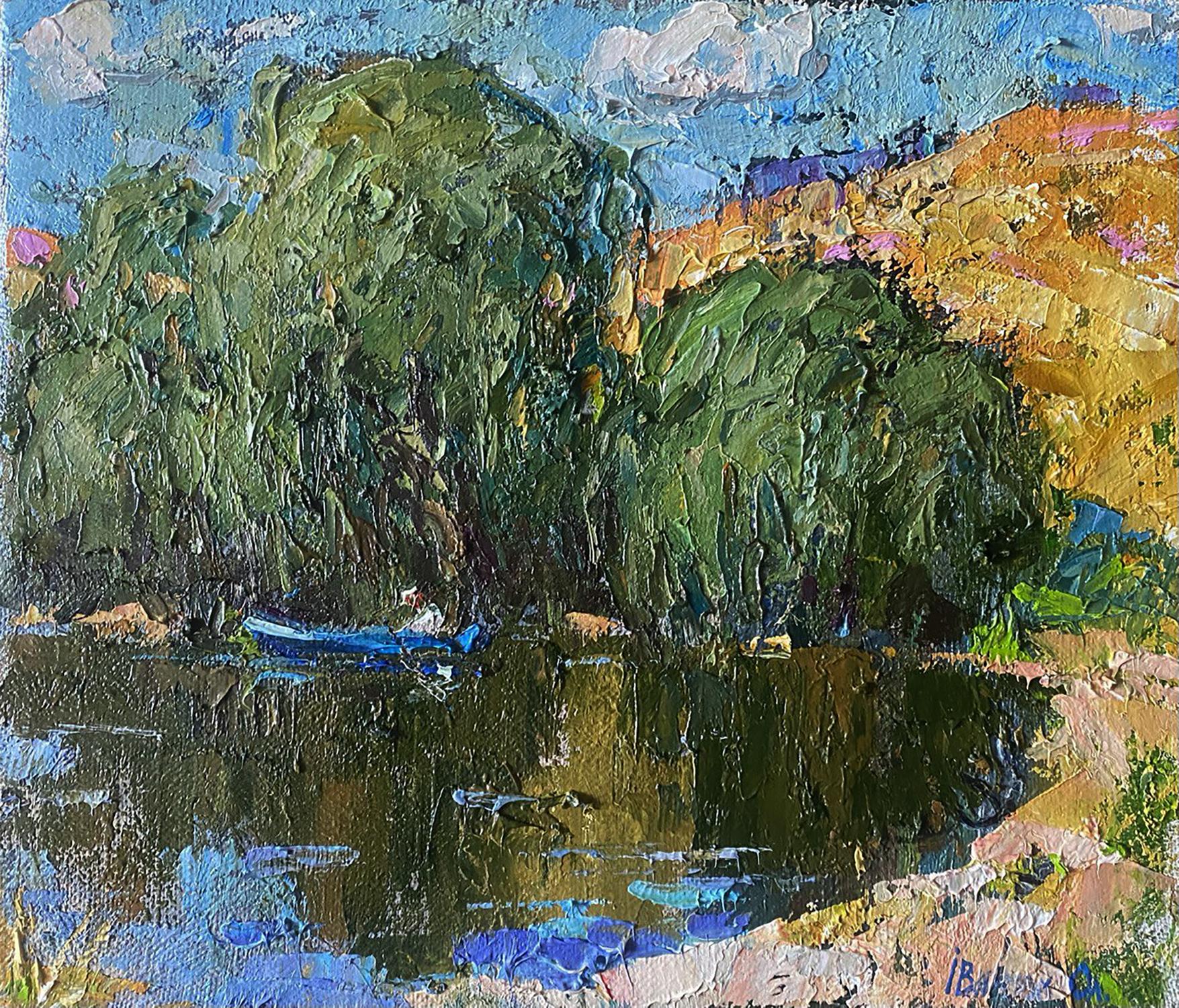 Oil painting In a boat on the lake by Oleksiy Ivanyuk with lush green tree