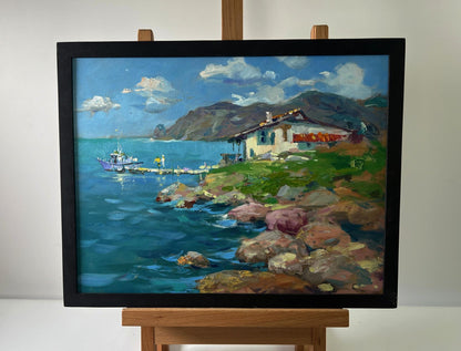 Framed impressionistic oil painting of House by the Sea by Yuriy Suprunchuk
