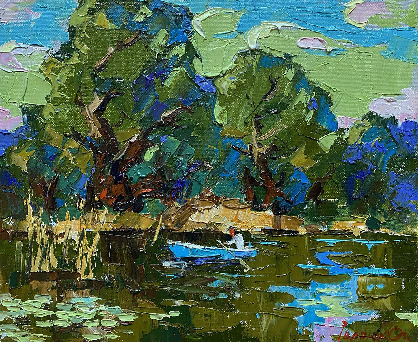 Oil painting In silence with nature by Oleksiy Ivanyuk: blue rowboat on reflective water