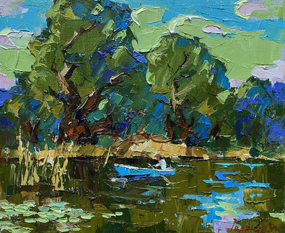 Oil painting In silence with nature by Oleksiy Ivanyuk: blue rowboat on reflective water