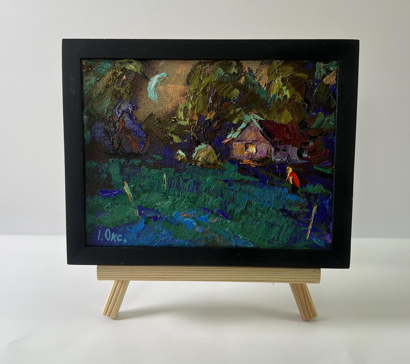 Oil painting Moonlit Country Night by Oksana Ivanyuk in black frame