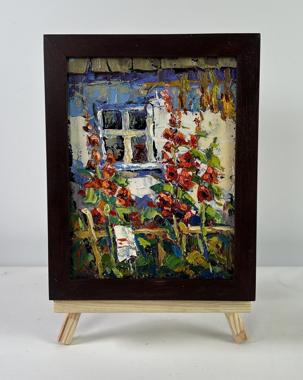 Oil painting of blooming mallows near house by Oksana Ivanyuk in wooden frame