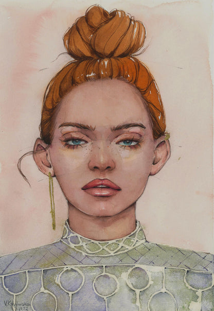 Watercolor portrait Gaze girl by Victoria Kagalovska, orange top knot hair