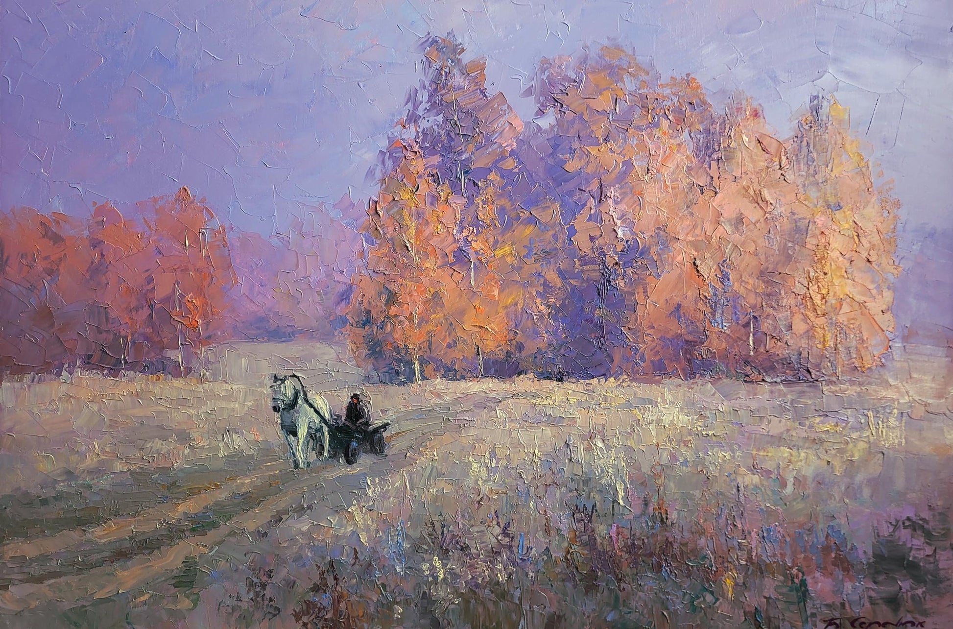 Oil painting Cold morning by Boris Serdyuk: white horse pulls dark carriage in autumn field